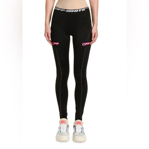 Off-White C/O Virgil Abloh Black Leggings Reflective Detail Pink Logo size Small - Picture 1 of 13
